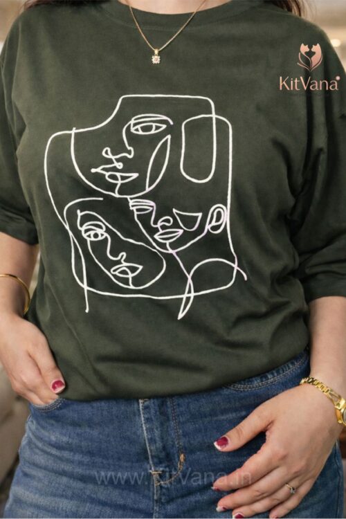 Premium Minimal Abstract Line Art Graphic T-Shirt for Women (XL) in color Army Green