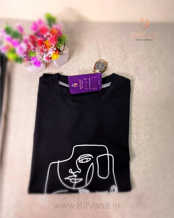 KitVana Black Minimal Abstract Line Art Graphic T-Shirt for Women- img1
