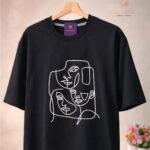 KitVana Black Minimal Abstract Line Art Graphic T-Shirt for Women- img2