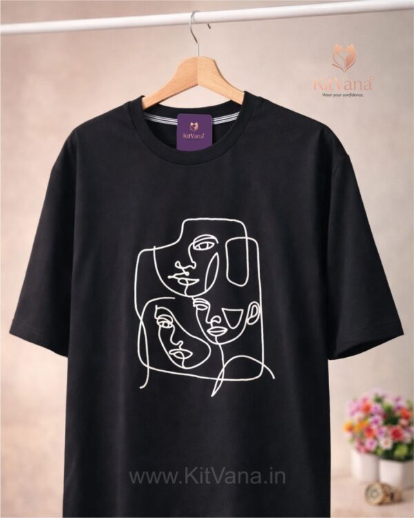 KitVana Black Minimal Abstract Line Art Graphic T-Shirt for Women- img2