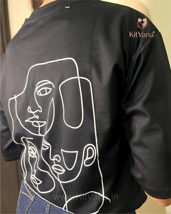 KitVana Black Minimal Abstract Line Art Graphic T-Shirt for Women- img3