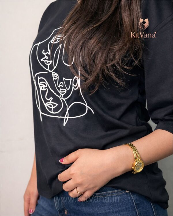 KitVana Black Minimal Abstract Line Art Graphic T-Shirt for Women- img5