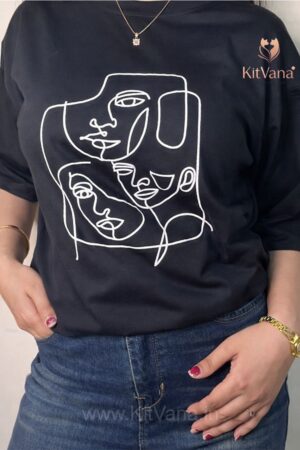 KitVana Black Minimal Abstract Line Art Graphic T-Shirt for Women- img6