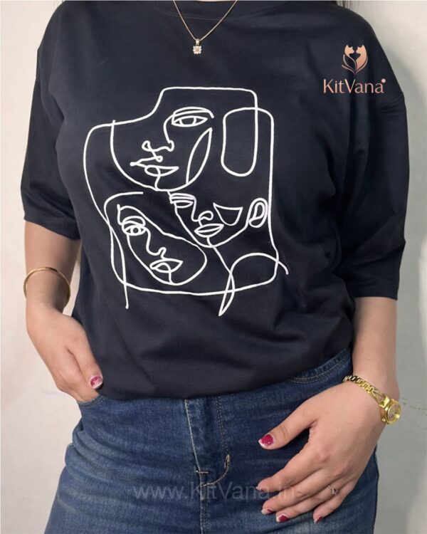 KitVana Black Minimal Abstract Line Art Graphic T-Shirt for Women- img6