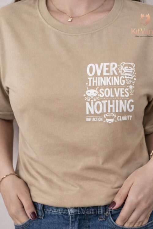 KitVana Overthinking Solves Nothing Statement Back Print T-Shirt- L, XL in color Warm Beige and size L
