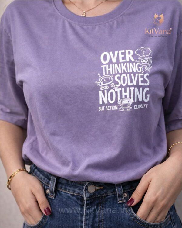 KitVana Overthinking Solves Nothing Statement Print Lavender T-Shirt XL AND L SIZE img1- KITVANA