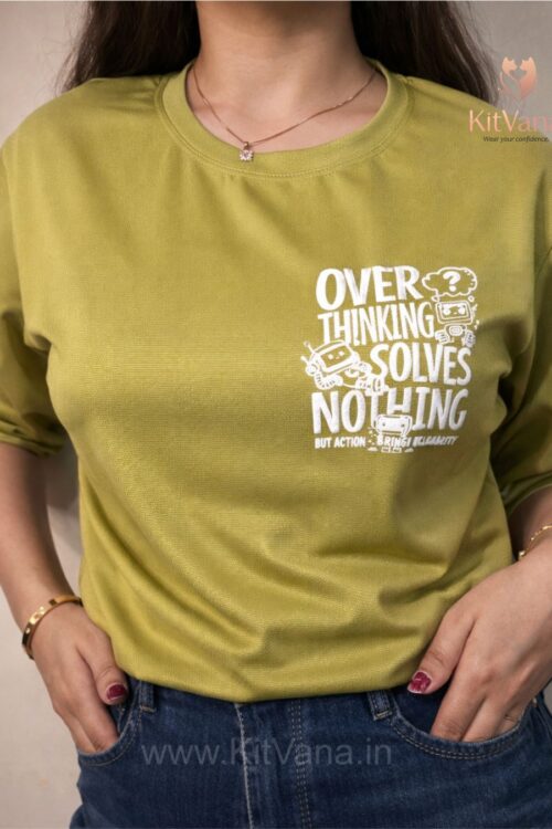 KitVana Overthinking Solves Nothing Statement Back Print T-Shirt- L, XL in color Light Olive and size L