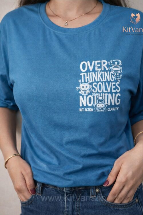KitVana Overthinking Solves Nothing Statement Back Print T-Shirt- L, XL in color Teal Blue and size XL