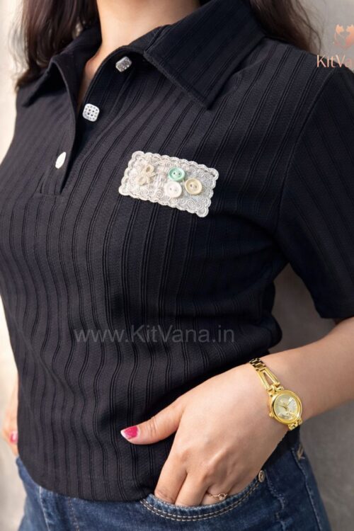 Kitvana Women’s Premium Short Ribbed Polo Top (L) – Sleeve Stretch Knit Shirt in color Black and size L