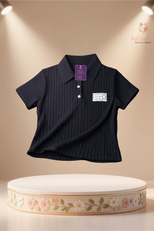 Kitvana Women’s Premium Short Ribbed Polo Top (L) – Sleeve Stretch Knit Shirt