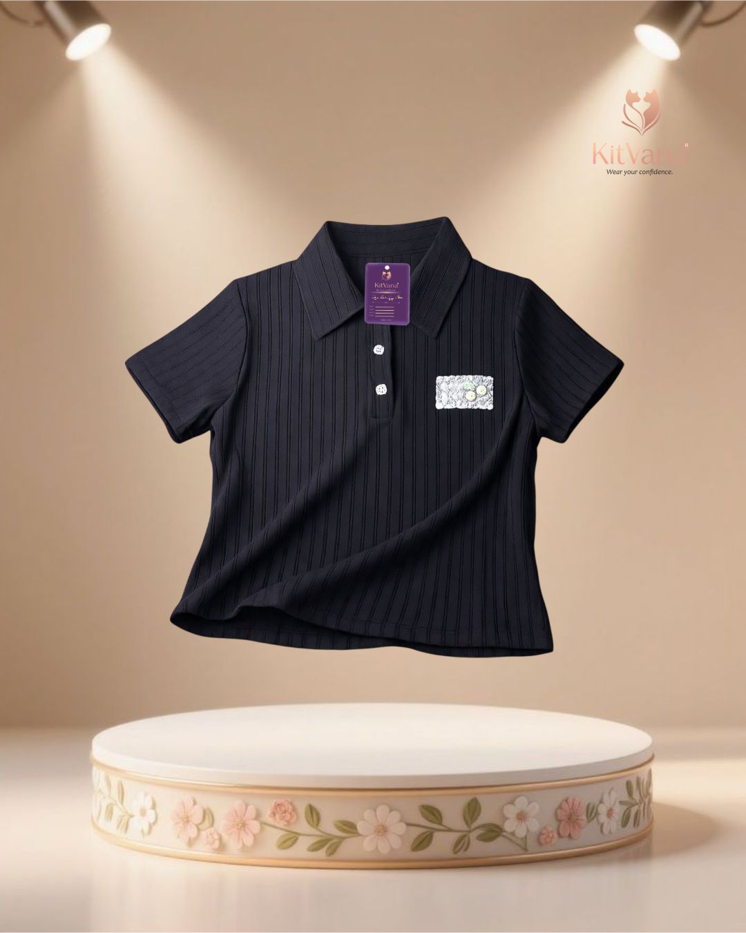 Kitvana Women’s Premium Short Ribbed Polo Top (L) – Sleeve Stretch Knit Shirt