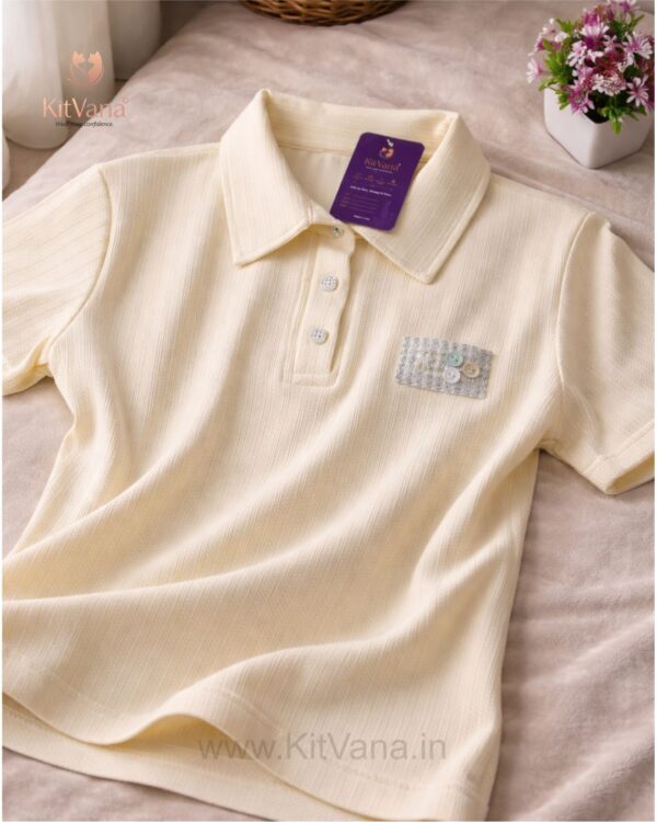 Kitvana Women’s Vanilla Yellow Ribbed Polo Crop Top img1 - KITVANA