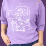 Light Lavender Minimal Abstract Line Art Graphic T-Shirt for Women img1- kitvana