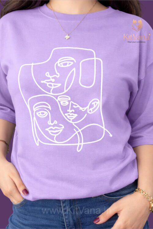 Premium Minimal Abstract Line Art Graphic T-Shirt for Women (XL) in color Lavender