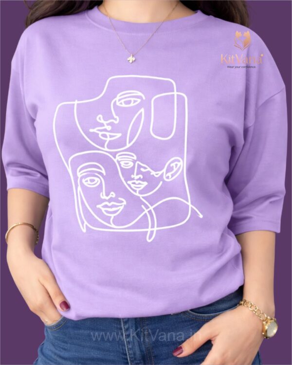 Light Lavender Minimal Abstract Line Art Graphic T-Shirt for Women img1- kitvana