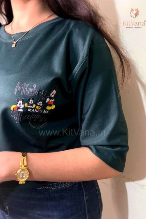 Women’s Mickey Happiness Print T-Shirt (XL) | Soft Cotton Casual Top – KitVana in color Bottle Green and size XL