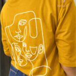 Mustard Minimal Abstract Line Art Graphic T-Shirt for Women img2- kitvana
