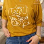 Mustard Yellow Minimal Abstract Line Art Graphic T-Shirt for Women img1- kitvana