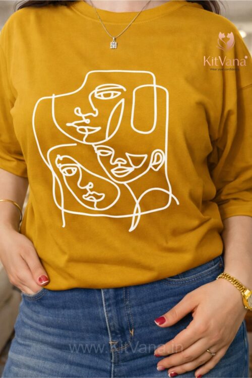 Premium Minimal Abstract Line Art Graphic T-Shirt for Women (XL) in color Mustard