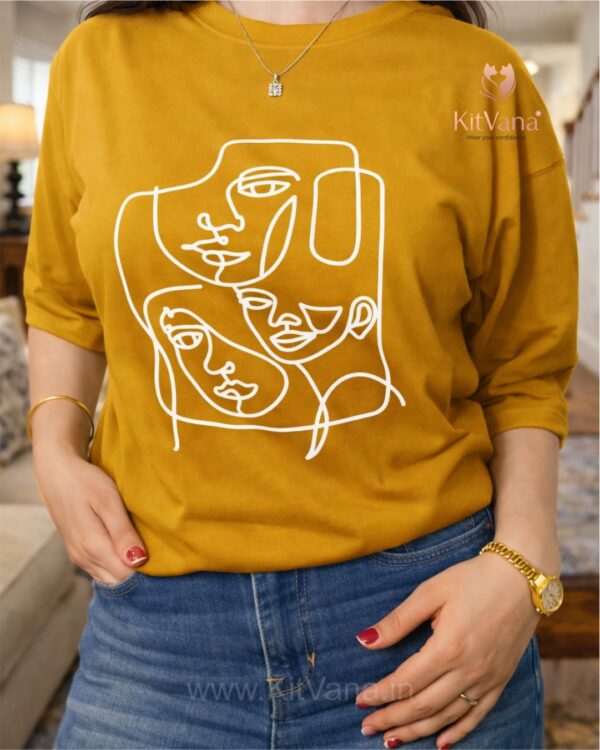 Mustard Yellow Minimal Abstract Line Art Graphic T-Shirt for Women img1- kitvana