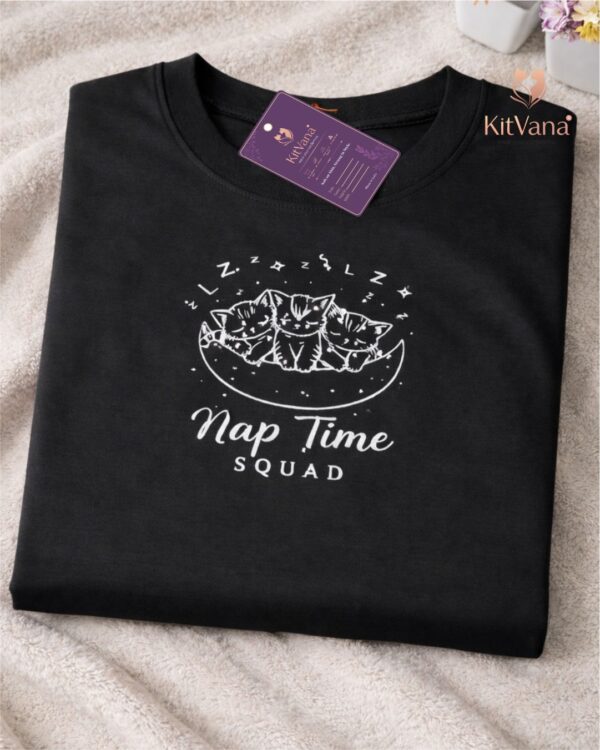Nap Time Squad Black Cute Cat Print Crop Top (L) img1 – KitVana