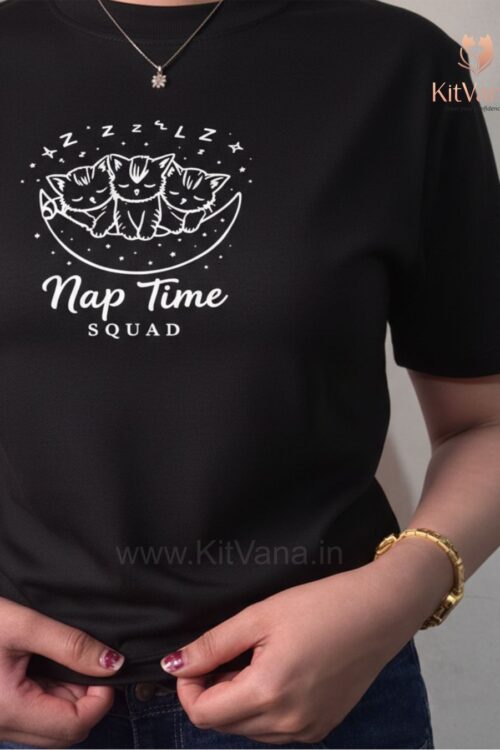 Nap Time Squad Cute Cat Print Crop Top (L) – KitVana in color Black and size L
