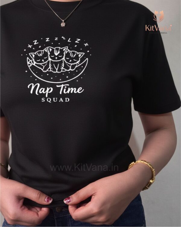 Nap Time Squad Black Cute Cat Print Crop Top (L) img2 – KitVana