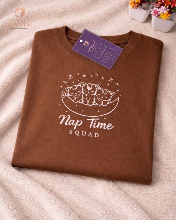 Nap Time Squad Cocoa Brown Cute Cat Print Crop Top (L) img1 – KitVana