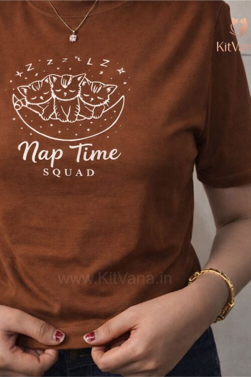 Nap Time Squad Cute Cat Print Crop Top (L) – KitVana in color Dark Brown and size L