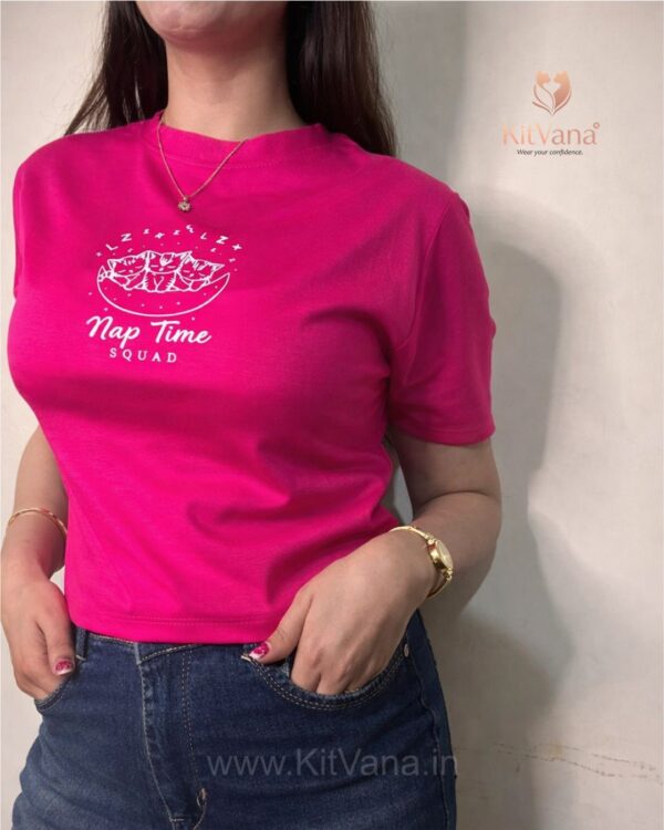 Nap Time Squad Pink Cute Cat Print Crop Top (L) img2 – KitVana.in