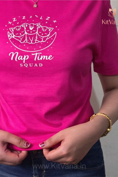 Nap Time Squad Cute Cat Print Crop Top (L) – KitVana in color Pink and size L
