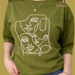 Olive Green Minimal Abstract Line Art Graphic T-Shirt for Women img1- kitvana