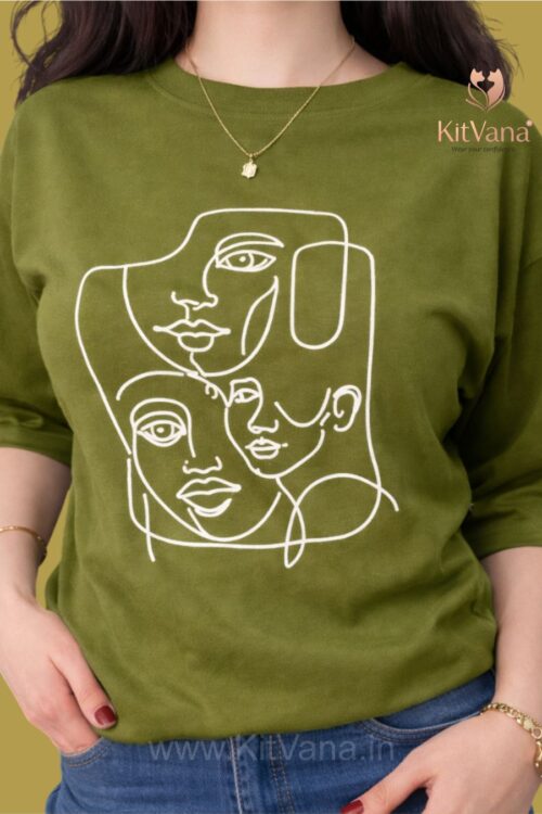 Premium Minimal Abstract Line Art Graphic T-Shirt for Women (XL) in color Light Olive