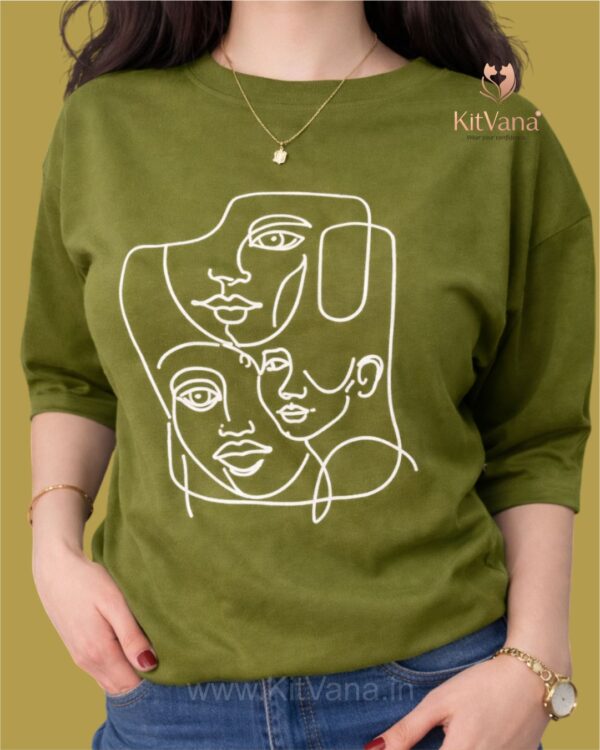Olive Green Minimal Abstract Line Art Graphic T-Shirt for Women img1- kitvana
