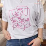 White Minimal Abstract Line Art Graphic T-Shirt for Women img1- kitvana