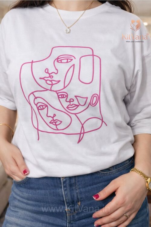 Premium Minimal Abstract Line Art Graphic T-Shirt for Women (XL) in color White