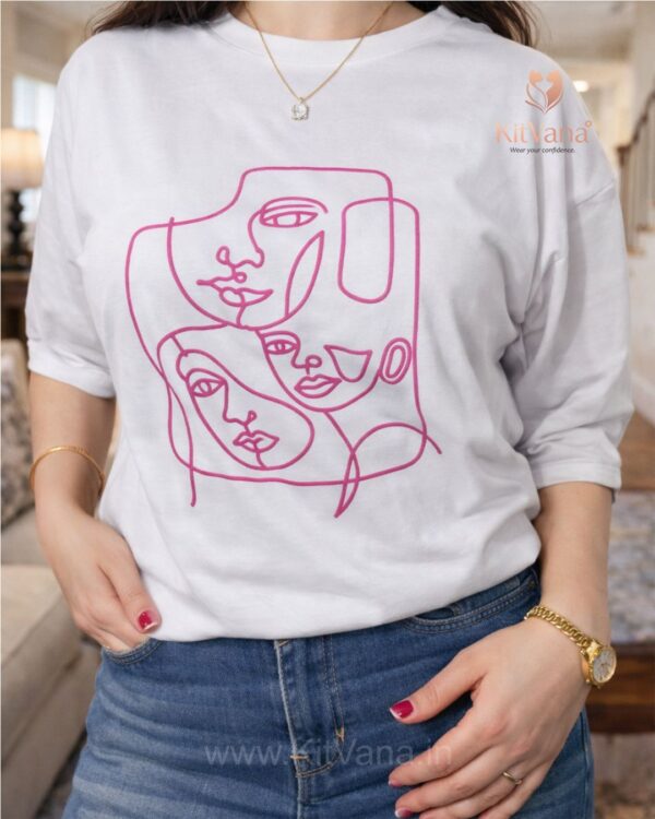 White Minimal Abstract Line Art Graphic T-Shirt for Women img1- kitvana