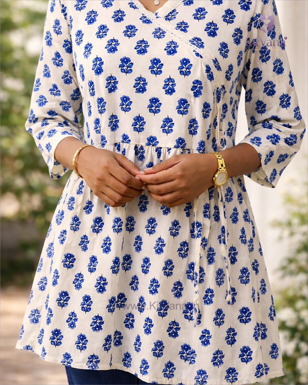 Kitvana Women’s Blue Floral 100% Cotton Wrap Style Kurti