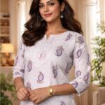 Kitvana Ivory Paisley Violet color Cotton Kurti img1