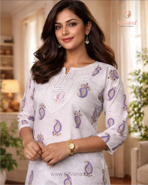 Kitvana Ivory Paisley Violet color Cotton Kurti img1