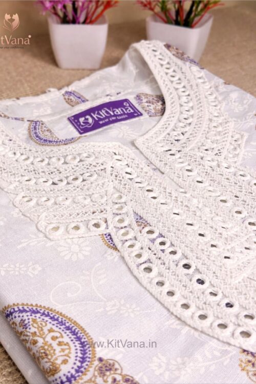 Kitvana Ivory Paisley Cotton Kurti for Women | Embroidered Neck Ethnic Tunic (L) in color Dark Purple