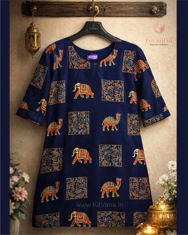 Kitvana Royal Elephant Print Navy Cotton Kurti for Women- img1