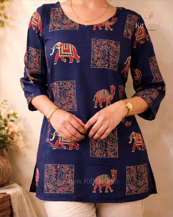 Kitvana Royal Elephant Print Navy Cotton Kurti for Women- img2