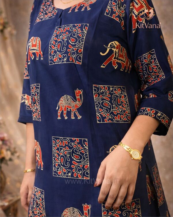 Kitvana Royal Elephant Print Navy Cotton Kurti for Women- img3