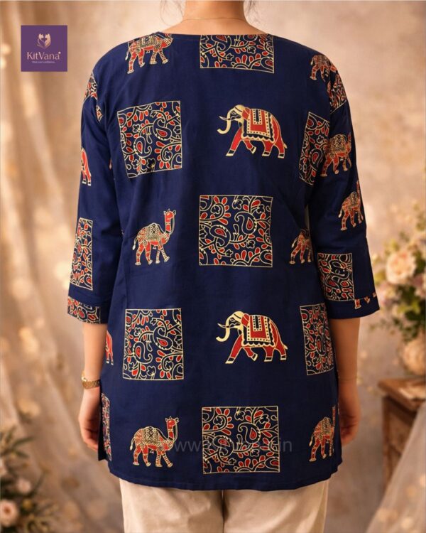 Kitvana Royal Elephant Print Navy Cotton Kurti for Women- img4