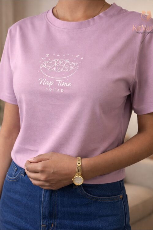 Nap Time Squad Cute Cat Print Crop Top (L) – KitVana in color Lavender and size L