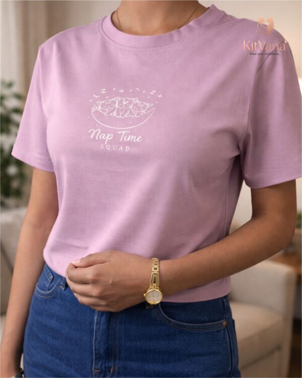 Lavendar Nap Time Squad Pink Cute Cat Print Crop Top (L) img 1 – KitVana