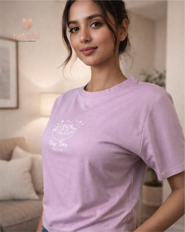 Lavendar Nap Time Squad Pink Cute Cat Print Crop Top (L) img 2 – KitVana