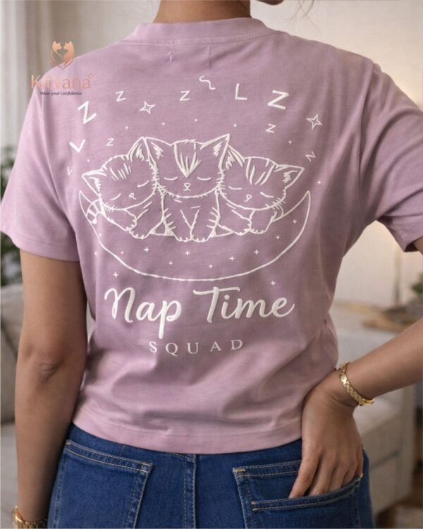 Lavendar Nap Time Squad Pink Cute Cat Print Crop Top (L) img 3 – KitVana