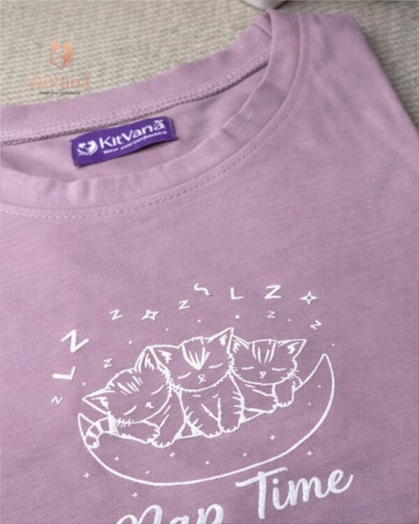 Lavendar Nap Time Squad Pink Cute Cat Print Crop Top (L) img 4 – KitVana
